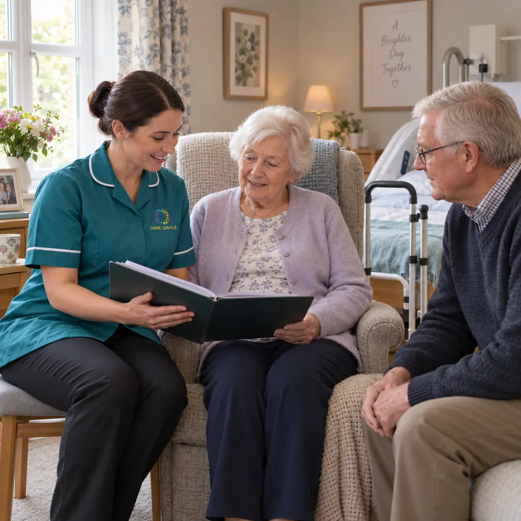 A Care Circle nurse reviewing a care plan with an older woman and her relative in an adapted bedroom.
