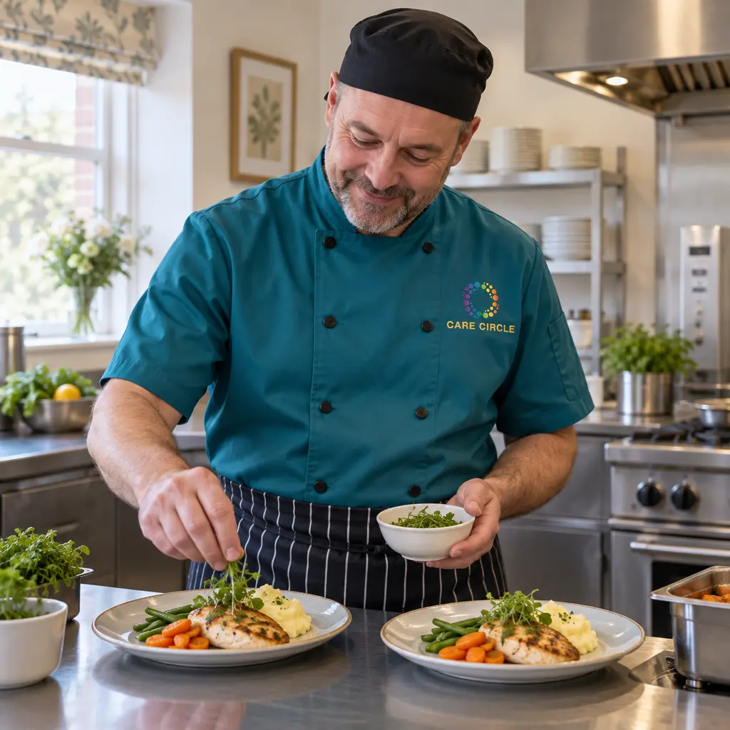 A catering professional wearing Care Circle-branded workwear preparing meals in a care-home kitchen.