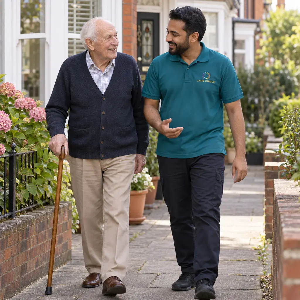 A Care Circle support worker accompanying an older person outside a British house.