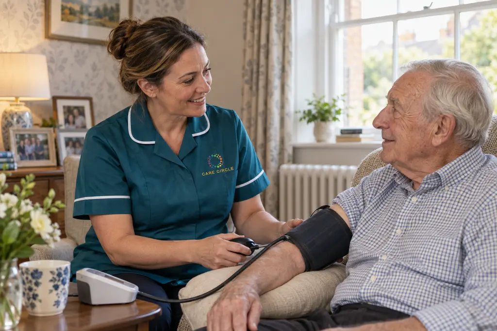 A Care Circle-uniformed nurse discussing a blood-pressure assessment with an older man in his sitting room.