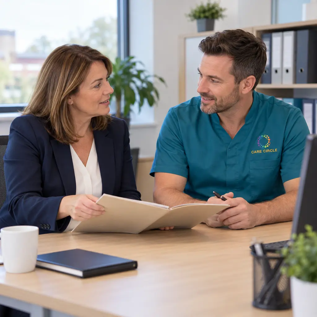 A Care Circle coordinator and nurse reviewing workforce paperwork in a private care-office setting.