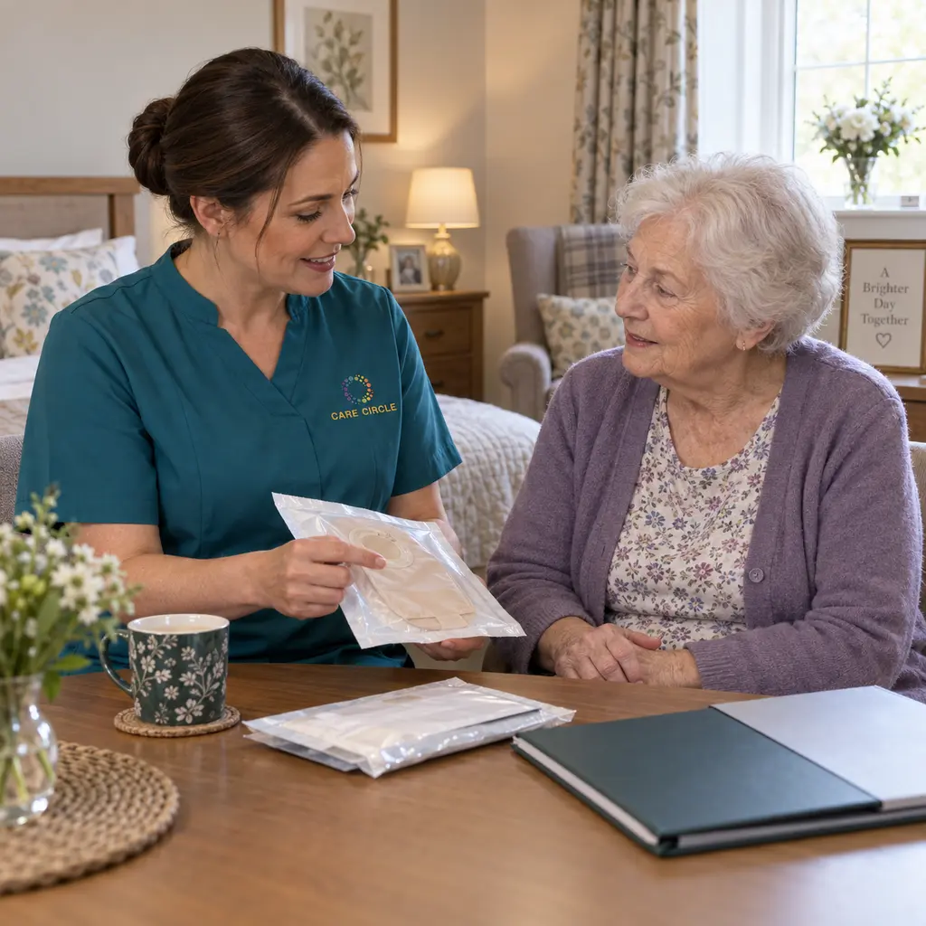 A Care Circle nurse explaining sealed stoma supplies during a private conversation with an older woman.