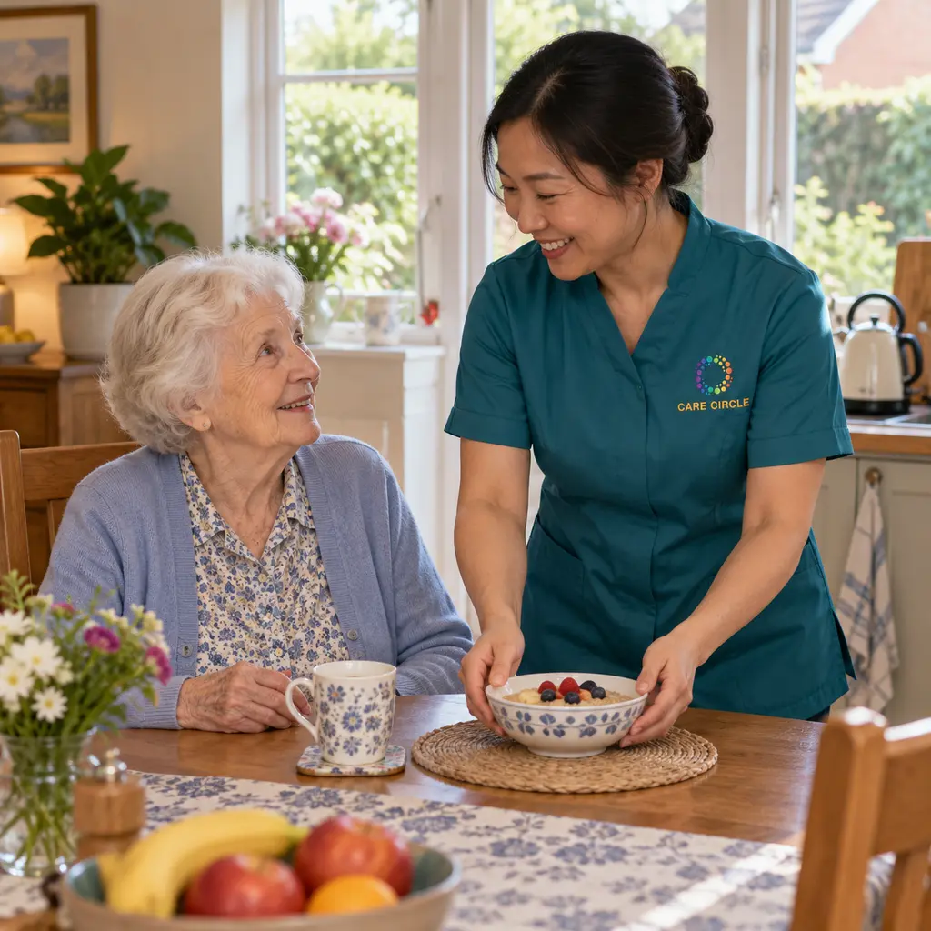 A Care Circle carer helping an older woman with her breakfast routine in a British home.