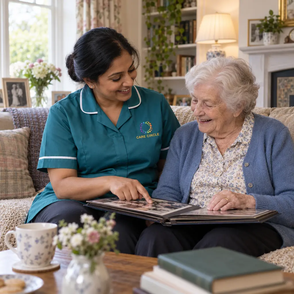 A Care Circle carer looking through a photograph album with an older woman in a familiar sitting room.