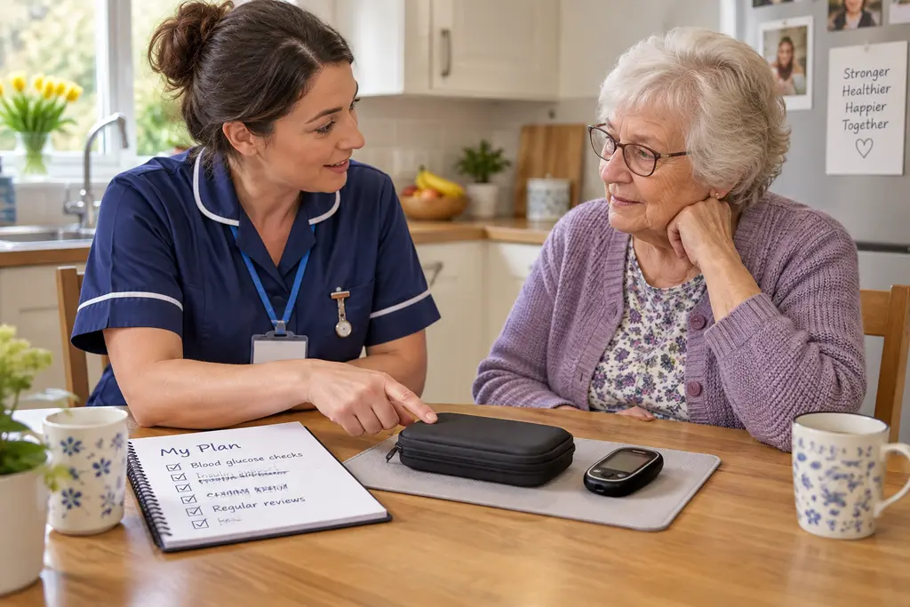 A Care Circle nurse discussing diabetes-care supplies with an older woman at her kitchen table.