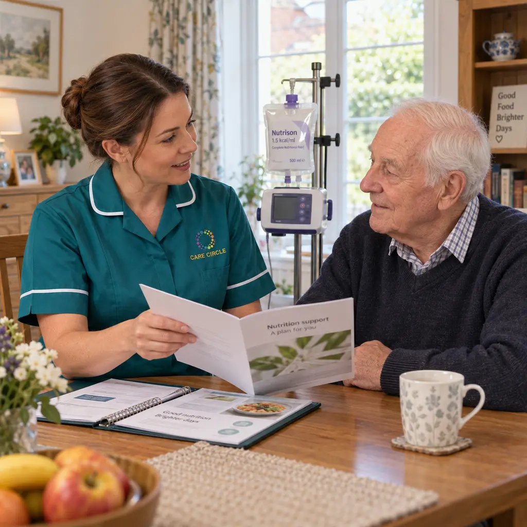 A Care Circle nurse discussing nutrition support with an older man seated upright beside unused feeding equipment.