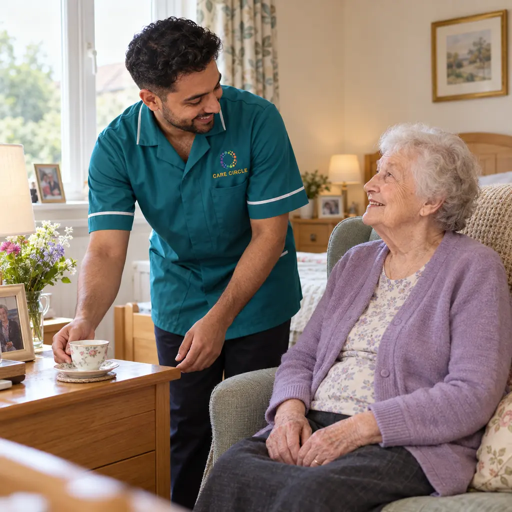 A Care Circle healthcare assistant supporting an older resident's everyday routine in a nursing-home room.