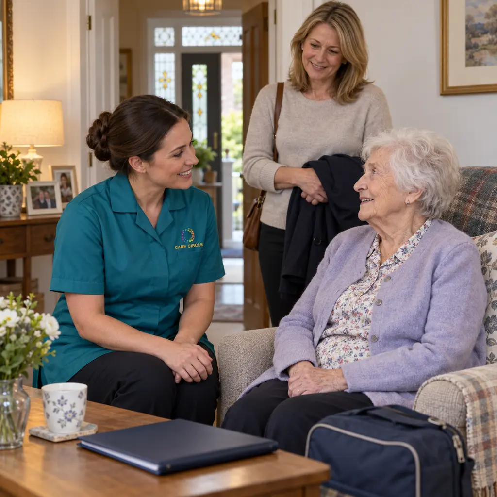 A Care Circle carer helping an older person settle into their own home after a hospital stay.