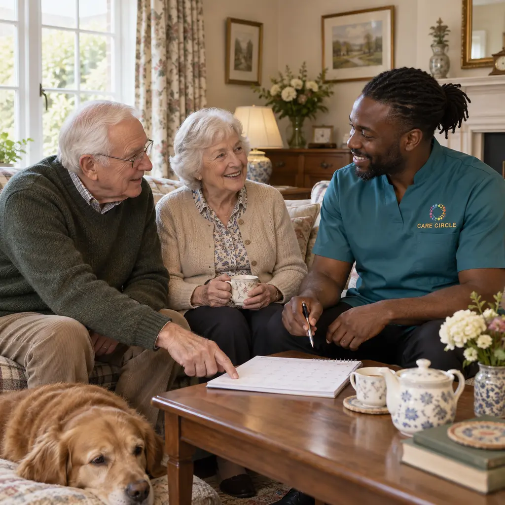 A Care Circle carer planning the day with an older couple in their living room.