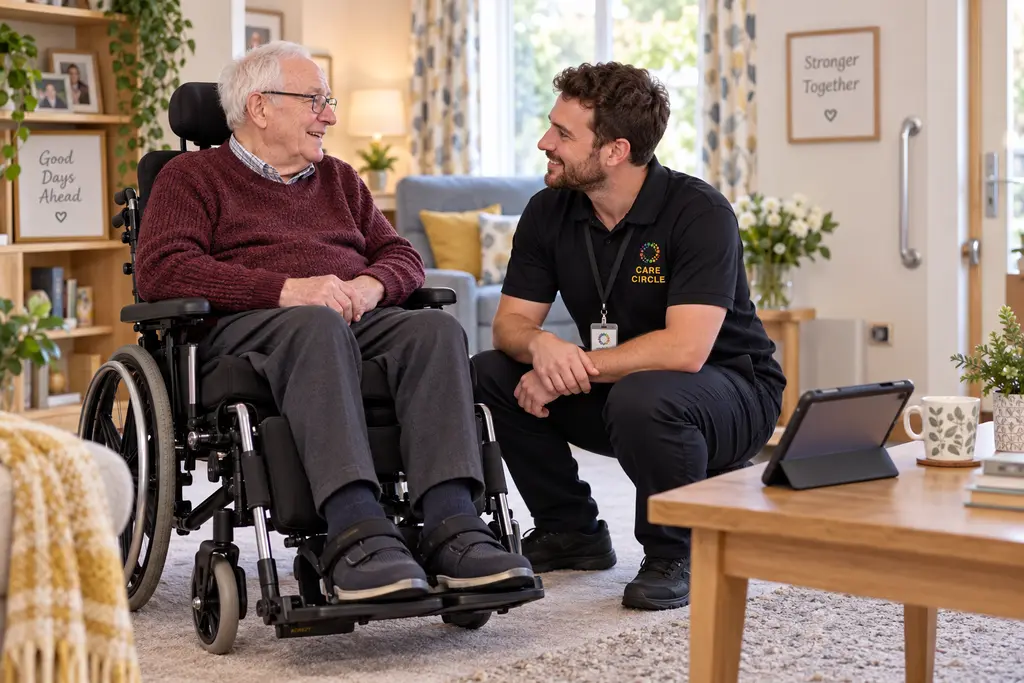 Care Circle professional talking with an older man using a supportive wheelchair in a British living room