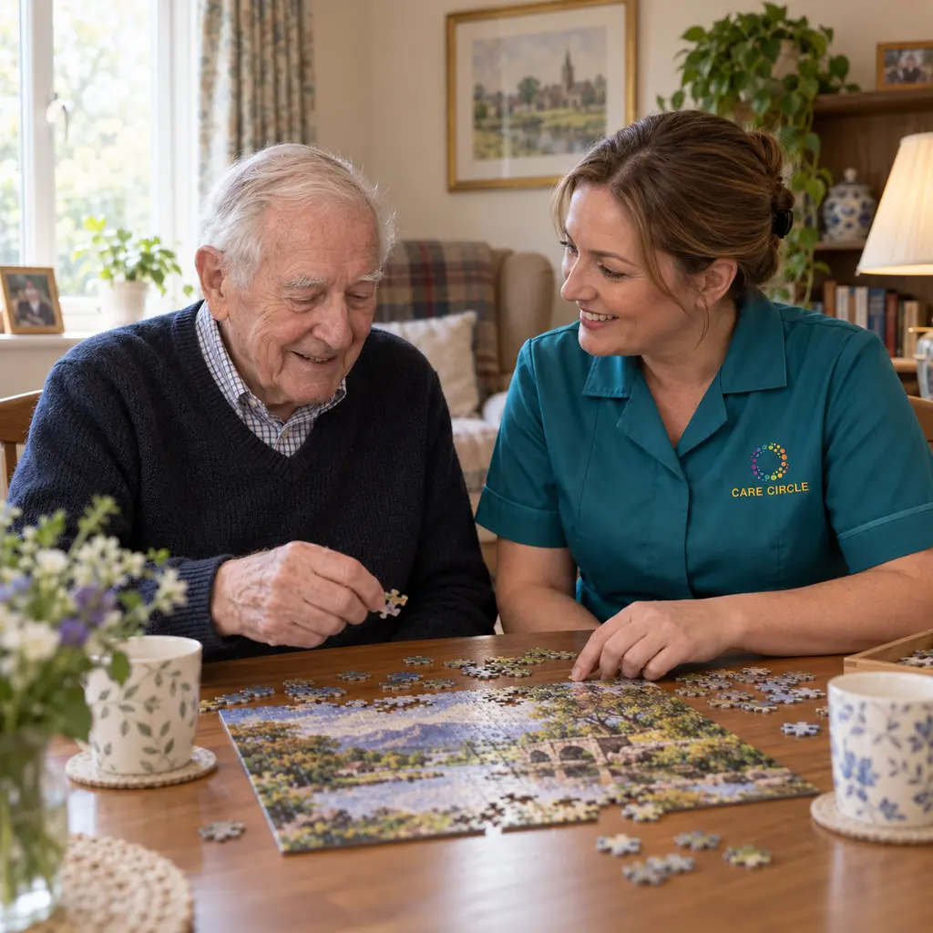 A Care Circle support professional giving an older person individual attention during a chosen activity.