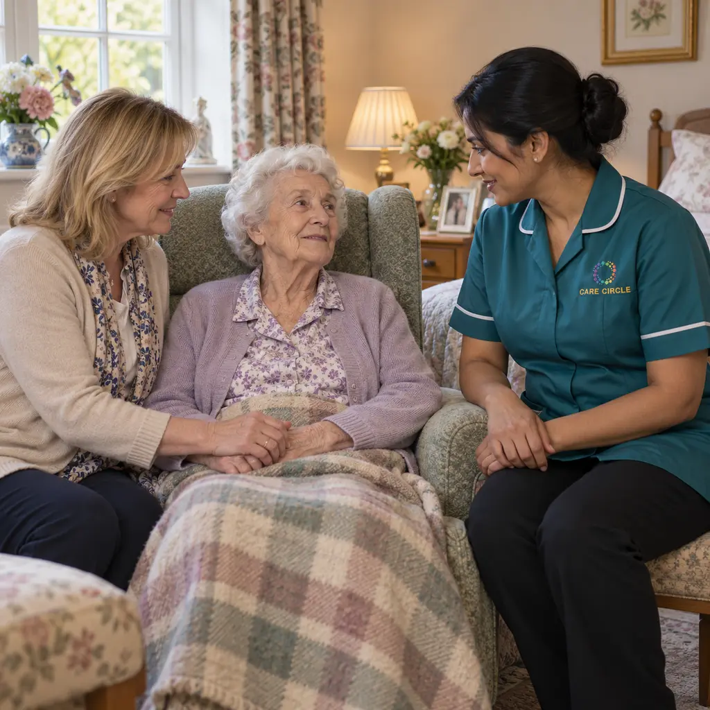 A Care Circle nurse sitting with an older woman and her daughter in a comfortable bedroom.