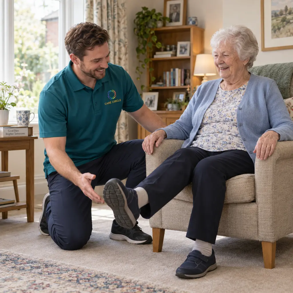 Physiotherapist in a teal Care Circle uniform supporting an older woman with a seated movement exercise in a British home