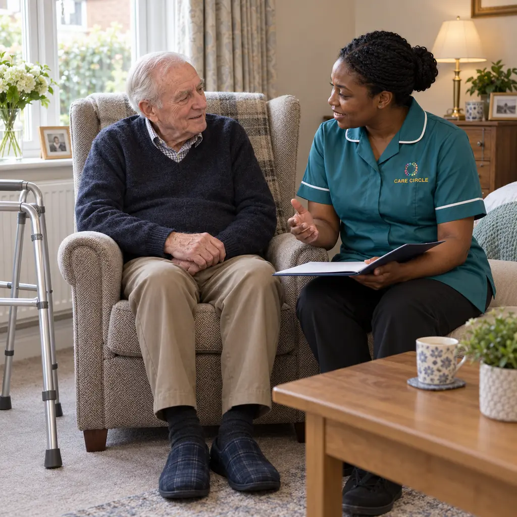 Care Circle professional supporting recovery and everyday mobility in a British home