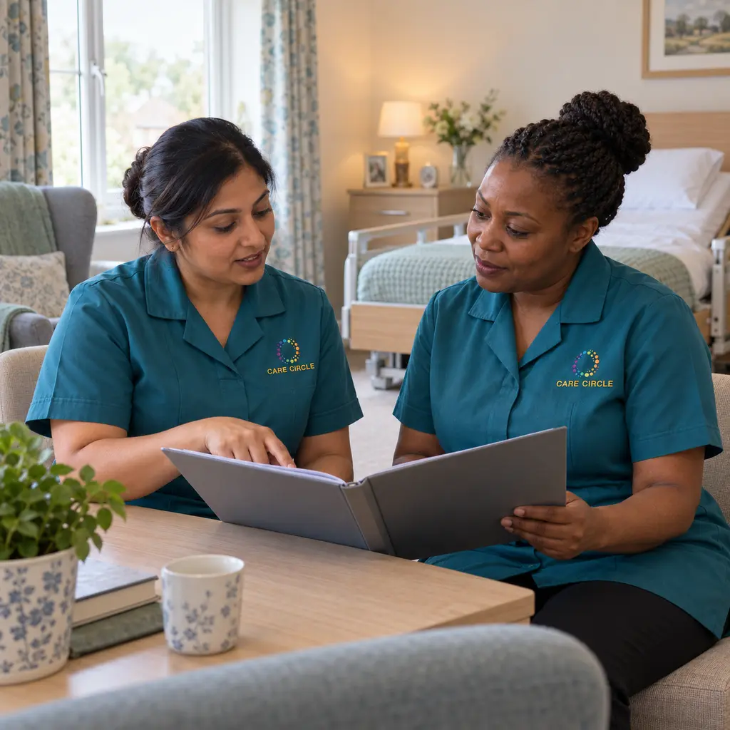 Two Care Circle-uniformed nurses reviewing a care folder in a nursing-home room.