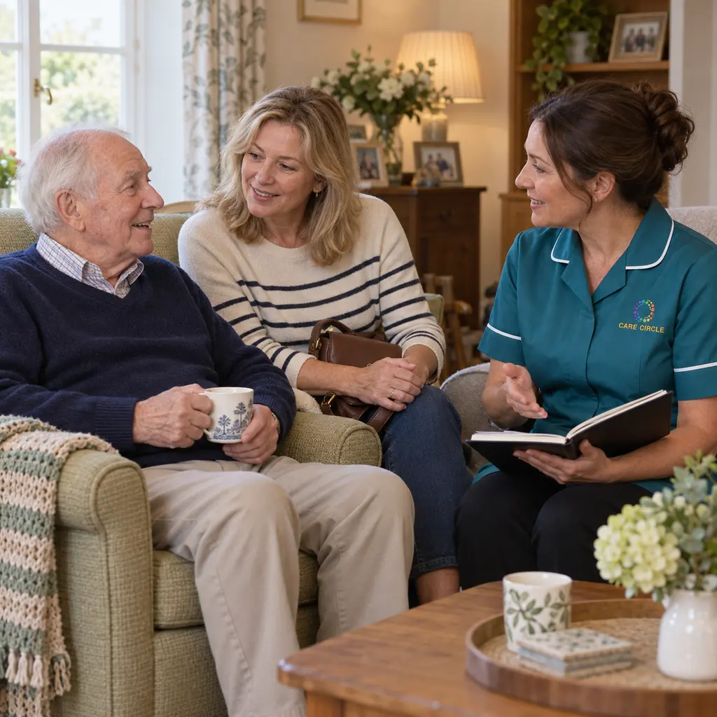 A family member handing over the day's routine to a Care Circle carer with an older parent present.