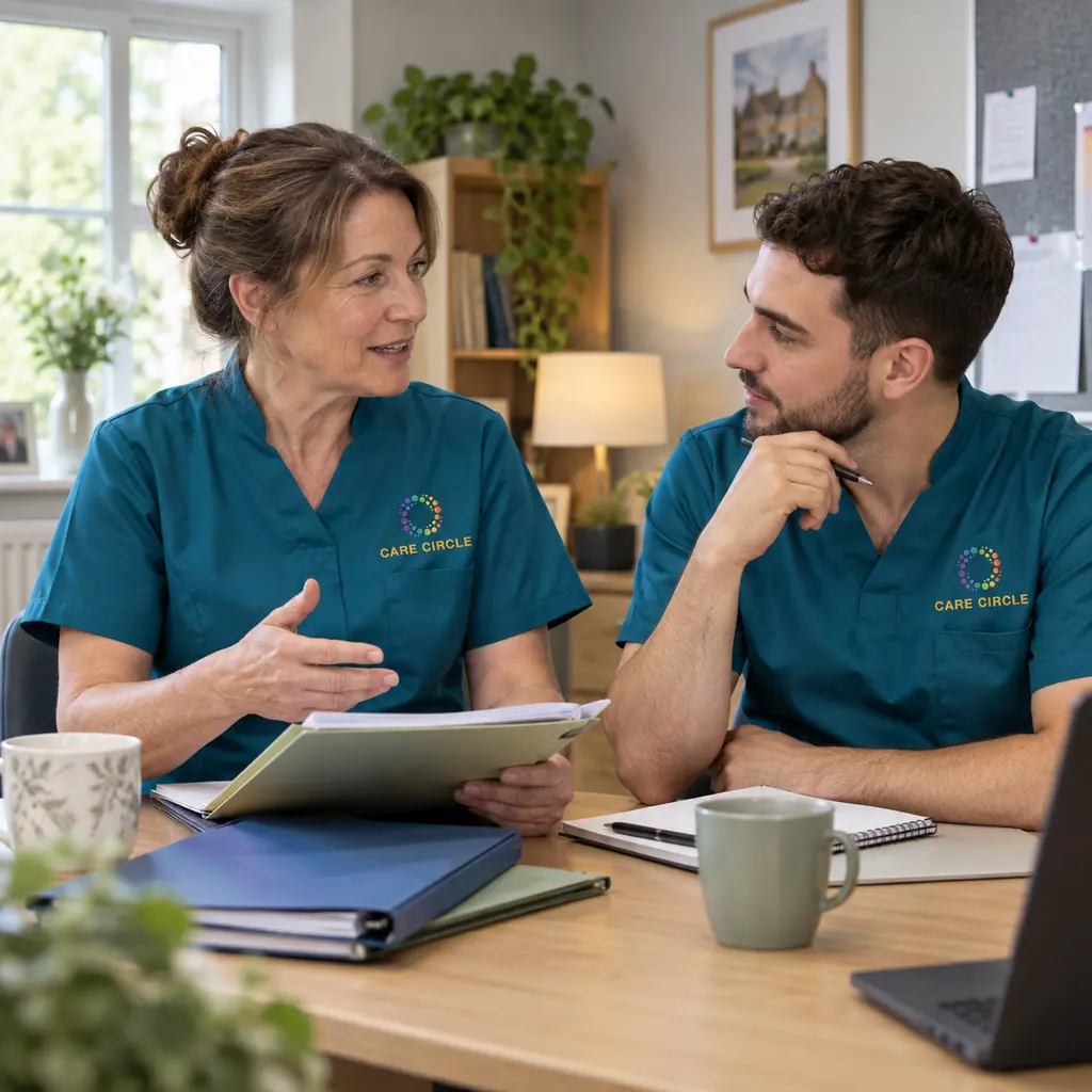 A senior Care Circle carer briefing a colleague in a care-home office.
