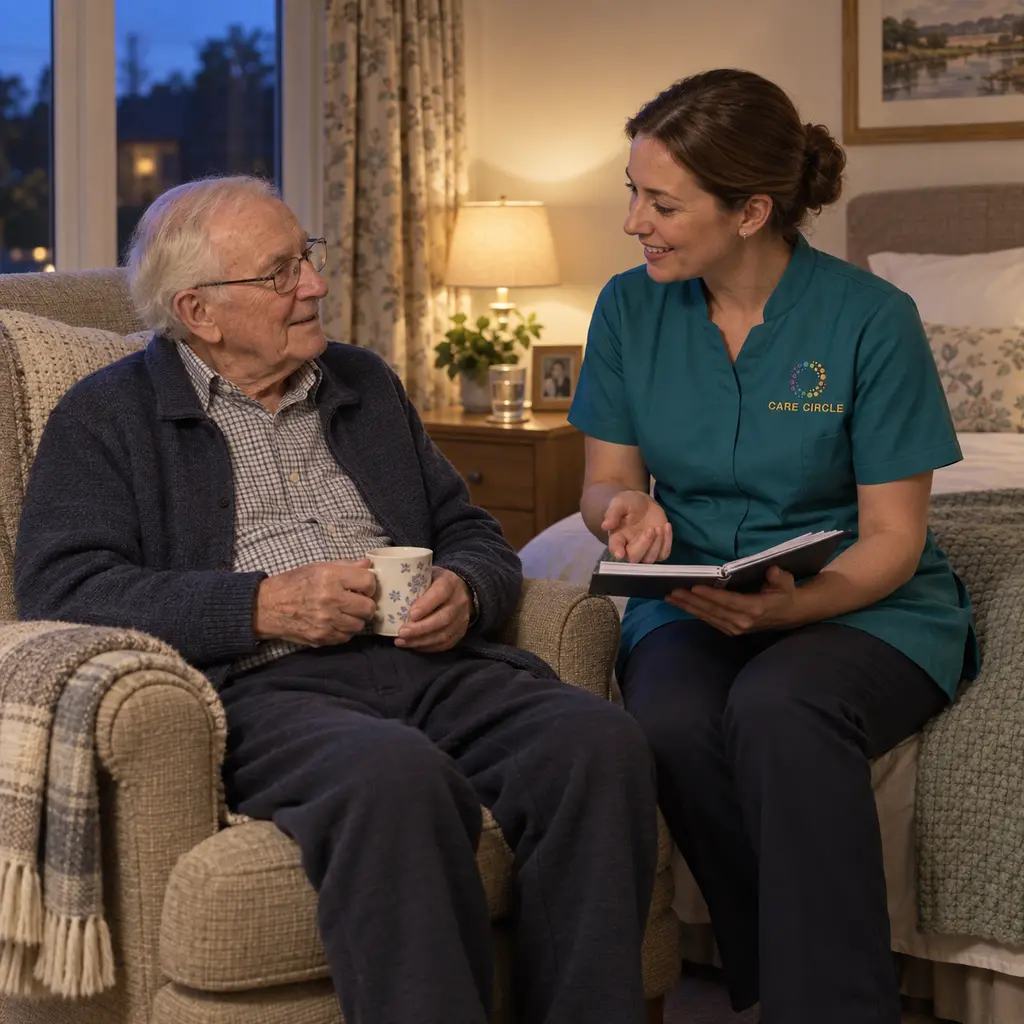 A Care Circle carer discussing an evening routine with an older person before bedtime.