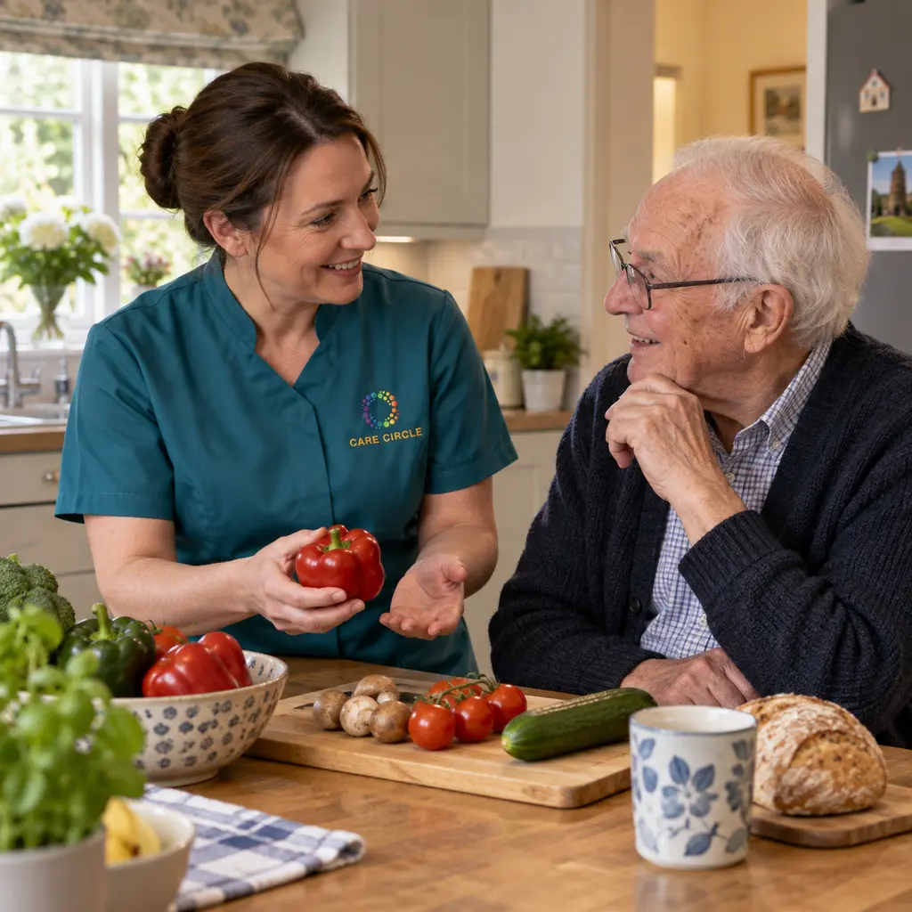 A Care Circle support worker and an older person planning a chosen activity in a homely living space.