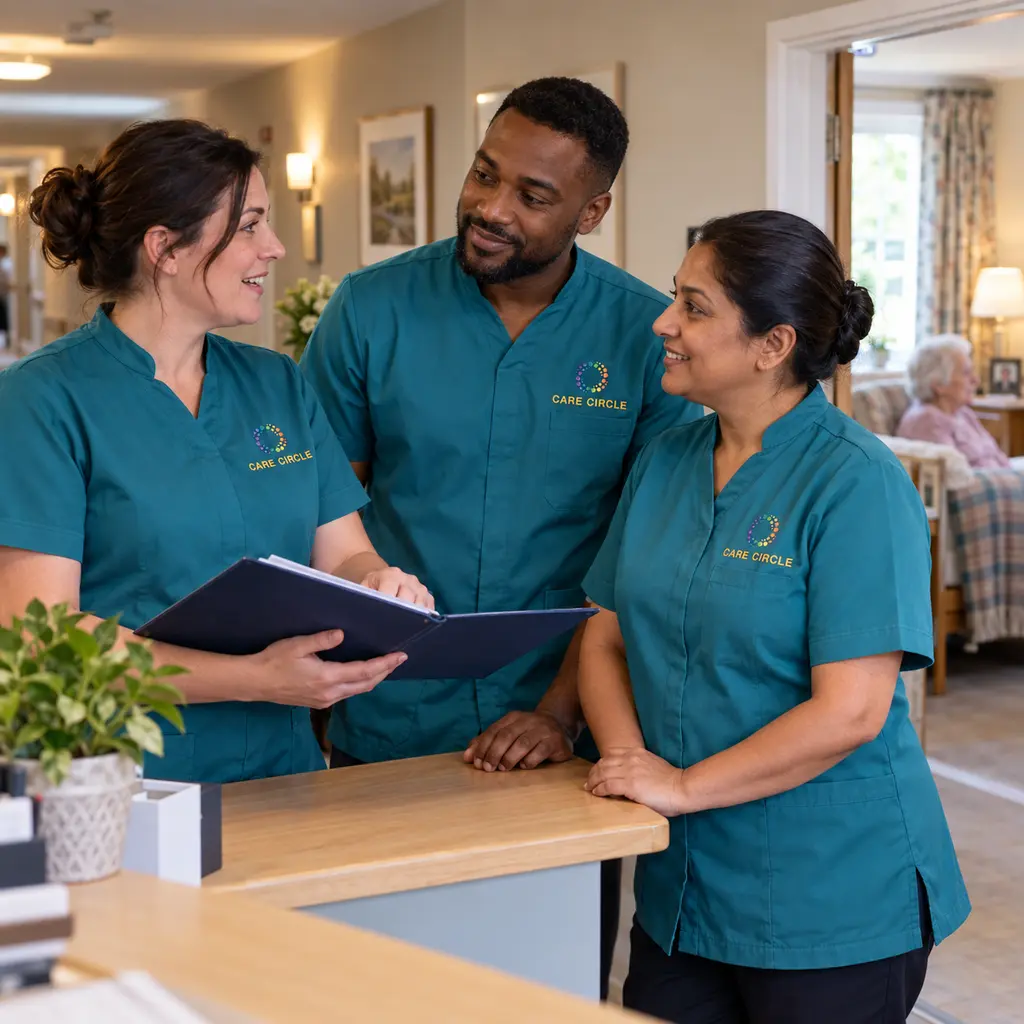 Care Circle-uniformed professionals discussing a shift handover in a care-home office.