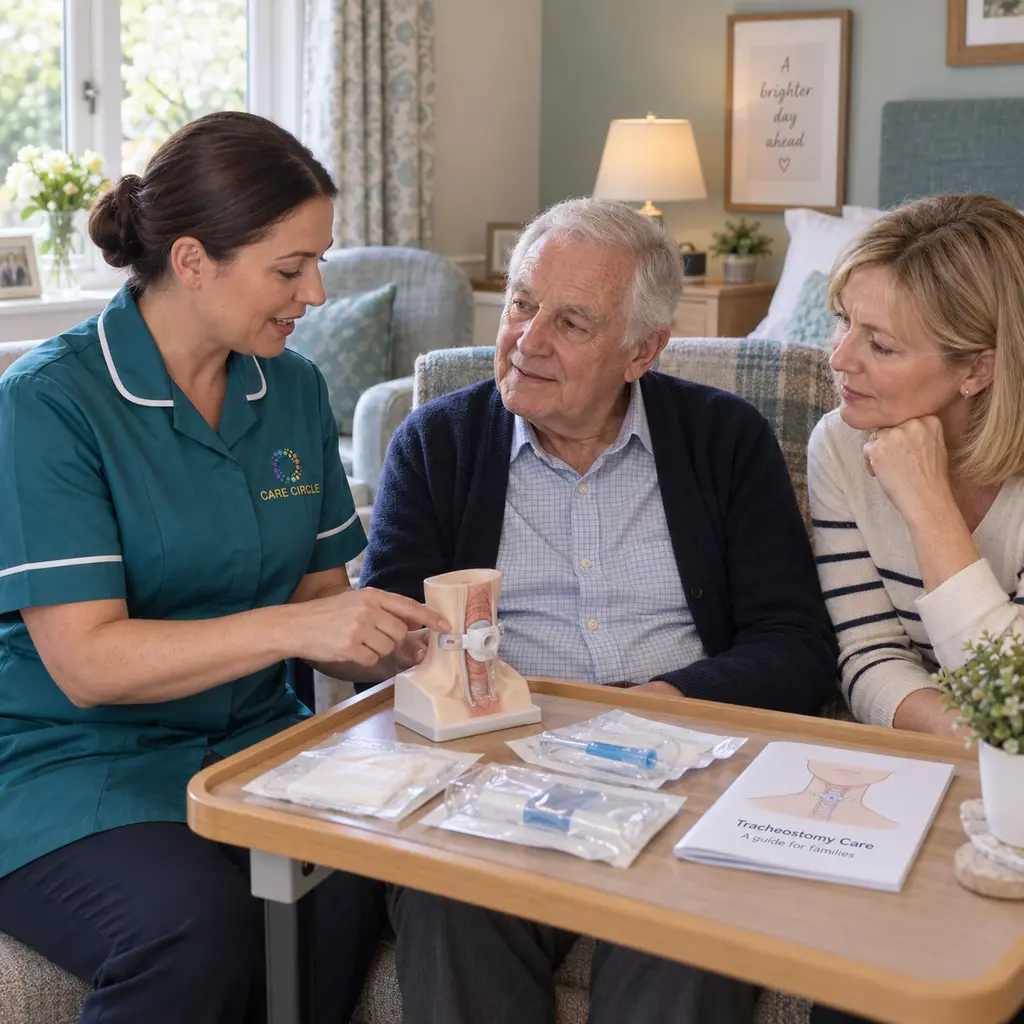 A Care Circle nurse discussing a tracheostomy teaching model with an older man and his relative.