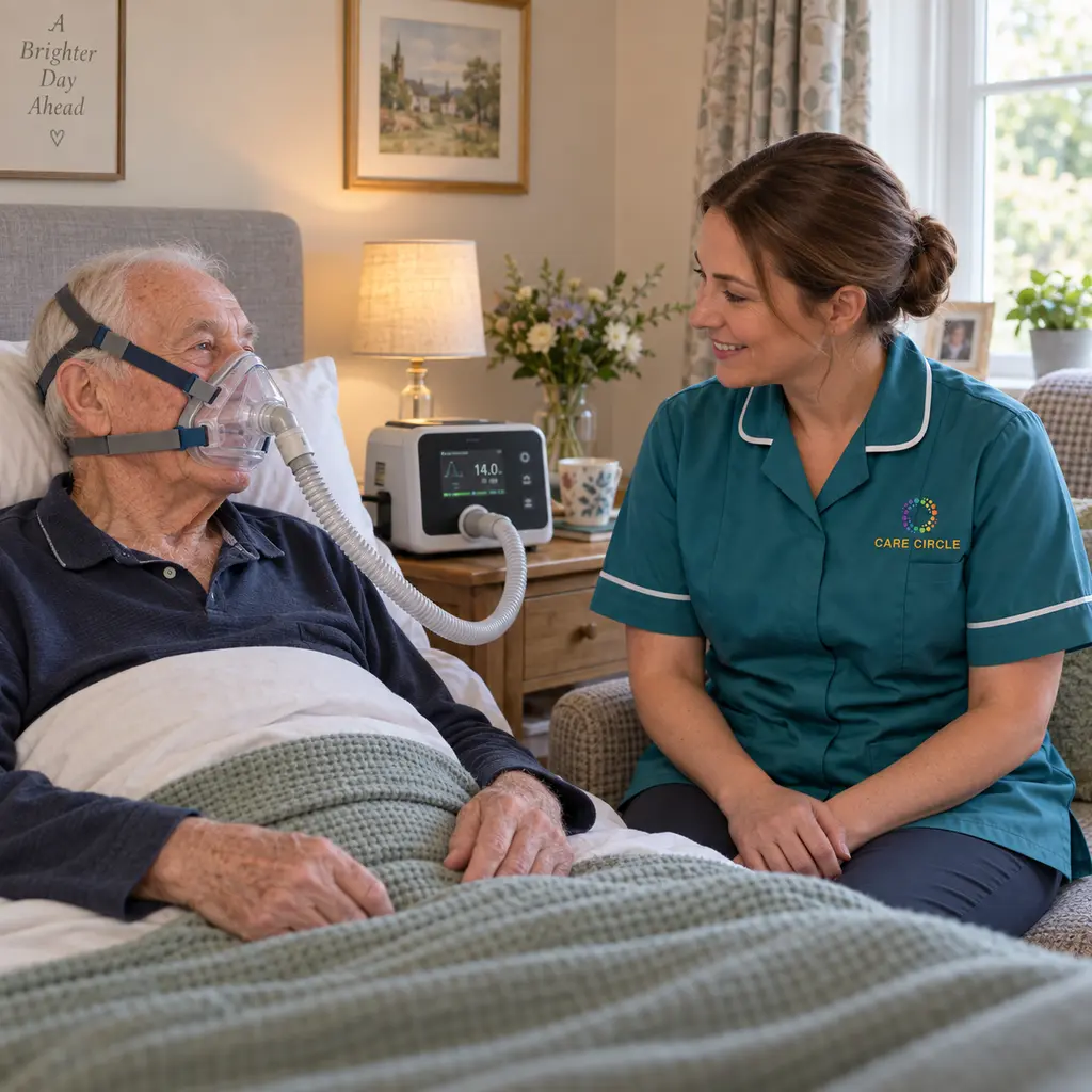 A Care Circle nurse beside an older man using a mask connected to a bedside non-invasive ventilator.