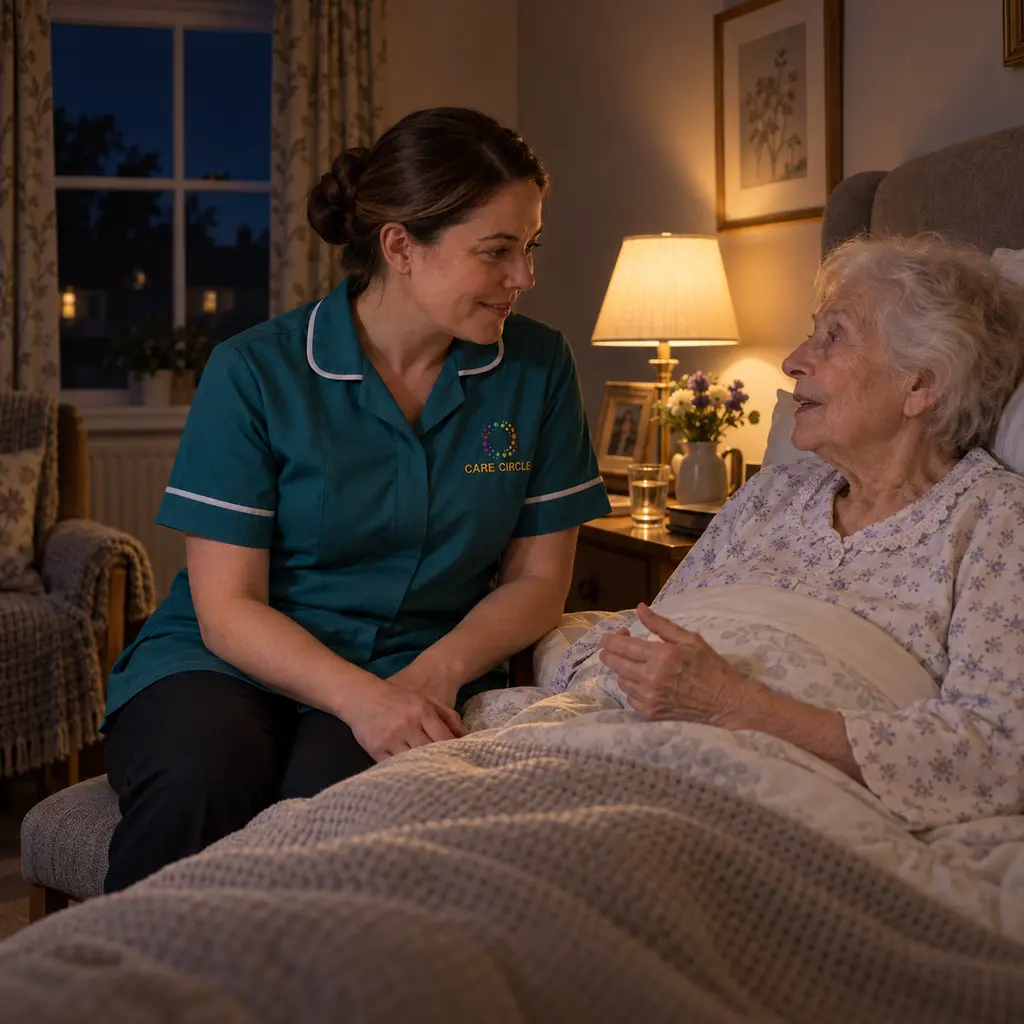 An awake Care Circle professional providing quiet reassurance to an older person at night.