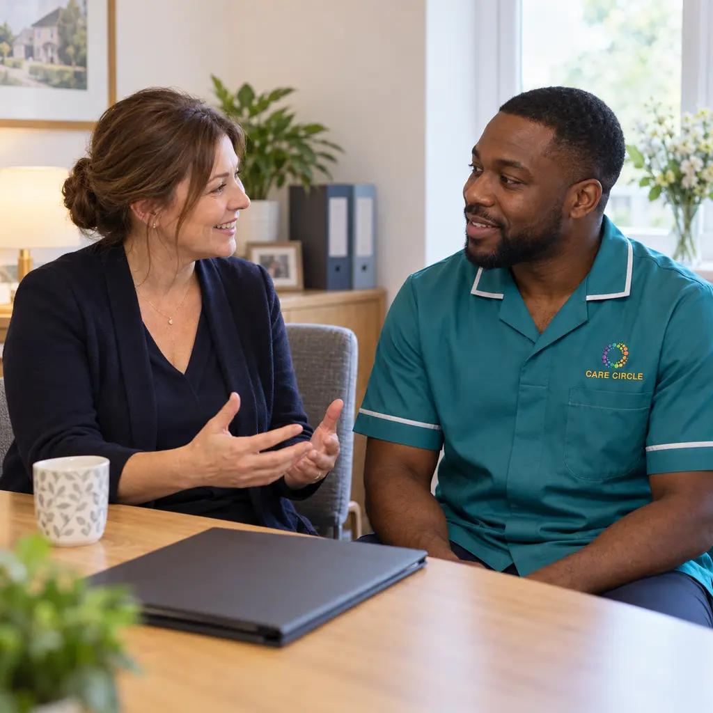 A Care Circle coordinator welcoming a uniformed care professional for a recruitment conversation.