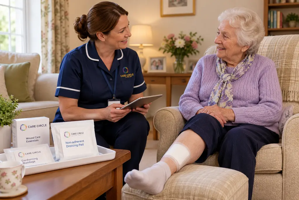A Care Circle nurse visiting an older woman whose dressed lower leg rests on a footstool.