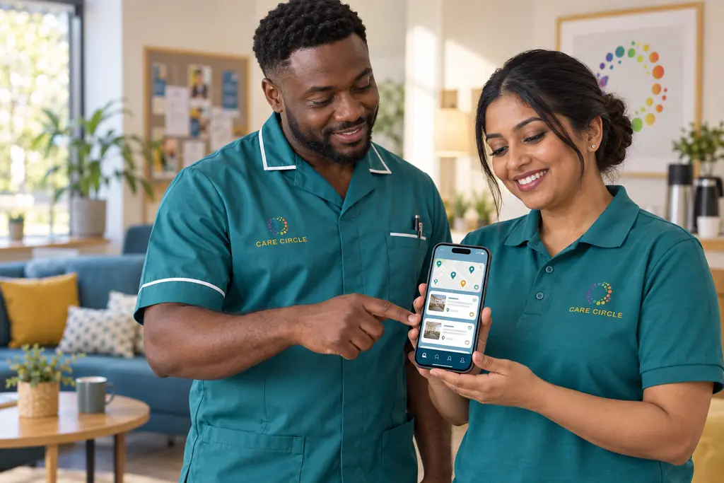 Two Care Circle-uniformed care professionals reviewing nearby work opportunities on a contemporary smartphone
