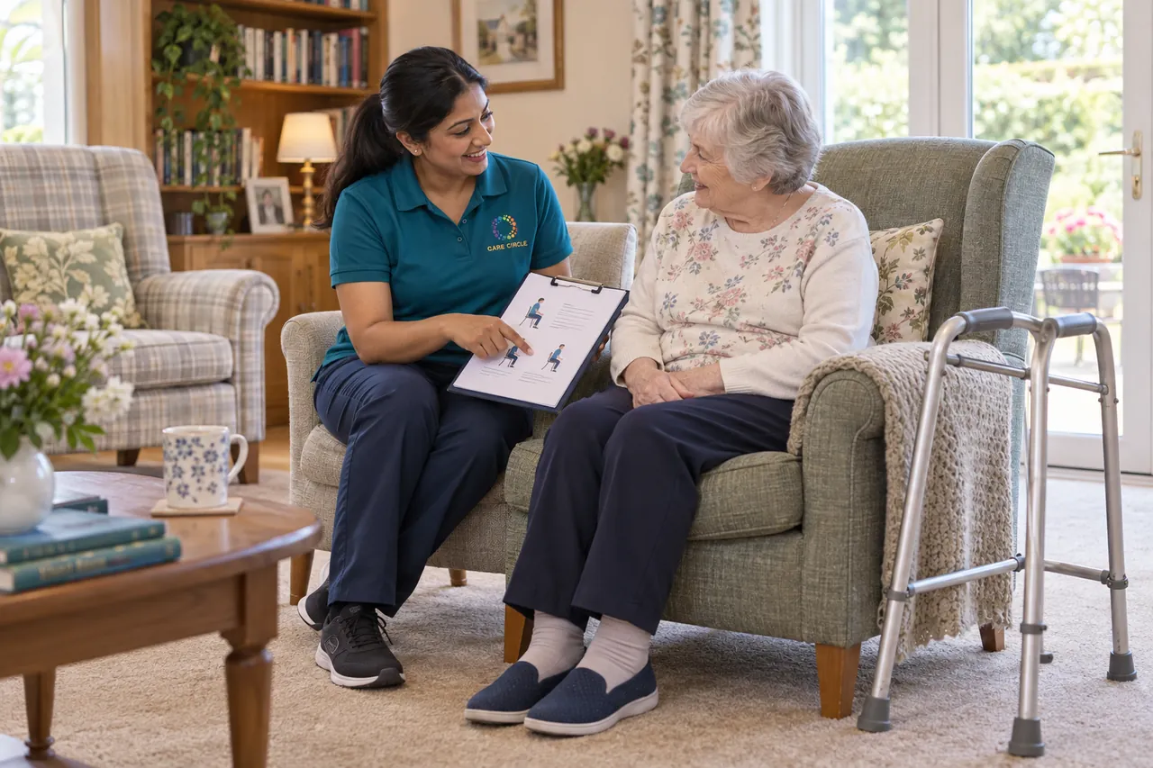 Physiotherapist in a Care Circle polo discussing a mobility plan with an older resident in a British care-home lounge, with a walking frame nearby