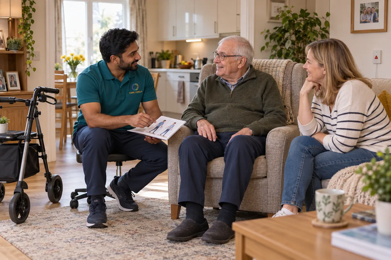 Care Circle physiotherapist meeting an older man and his daughter in a self-contained extra-care apartment with an accessible kitchenette and rollator