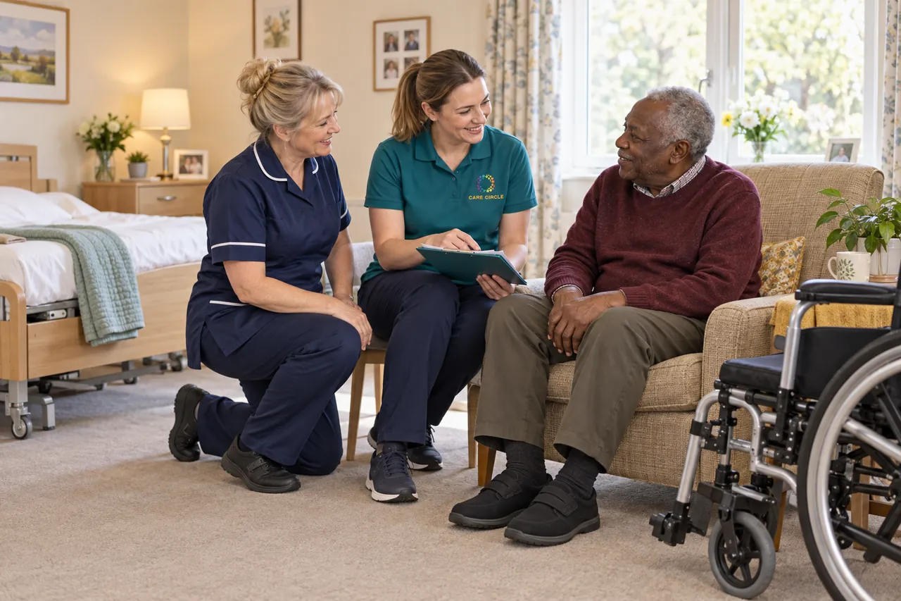 Care Circle physiotherapist and nurse discussing rehabilitation with a seated resident beside a profiling bed and wheelchair in a nursing-home room