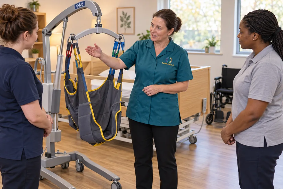 A Care Circle instructor discussing an empty full-body hoist and sling with two adult learners