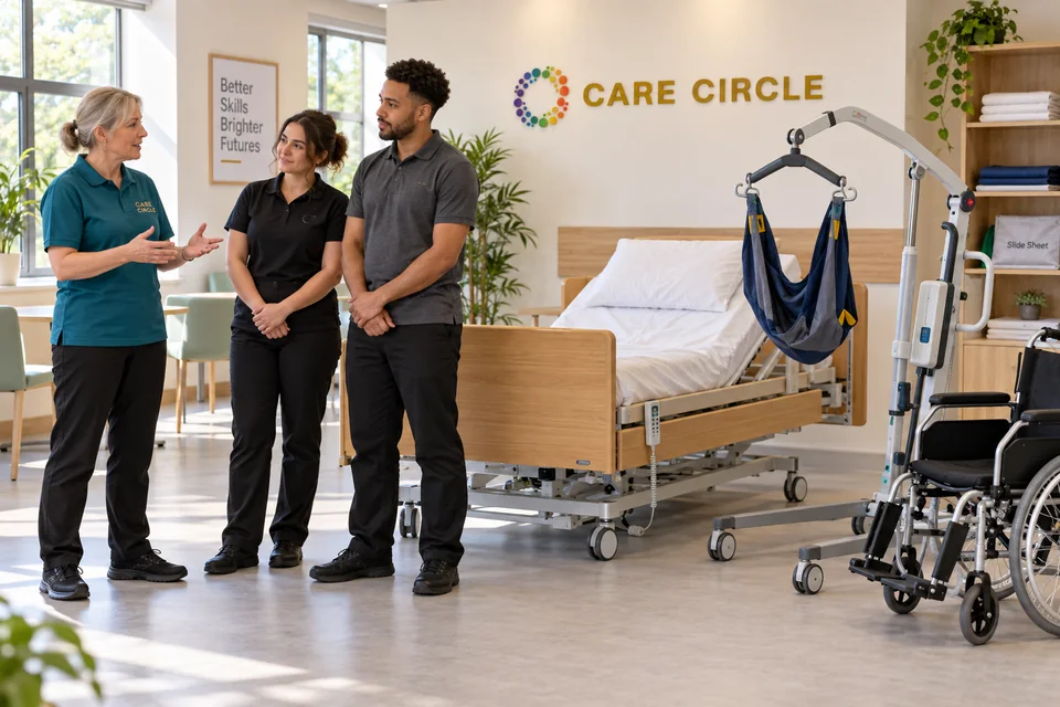A Care Circle instructor with adult learners beside a nursing bed, full-body hoist and wheelchair